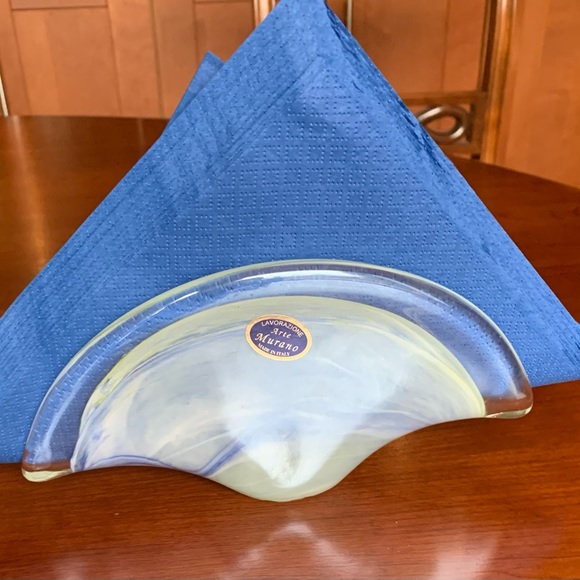 Murano reproduction glass napkin holder light blue & green swirl art glass - Picture 1 of 5